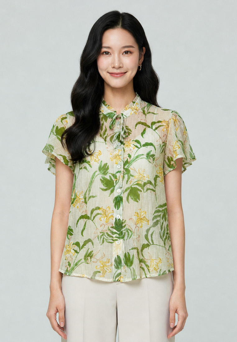 Liana Floral Prints Ruffle Collar With Petal Sleeve Top (Green)