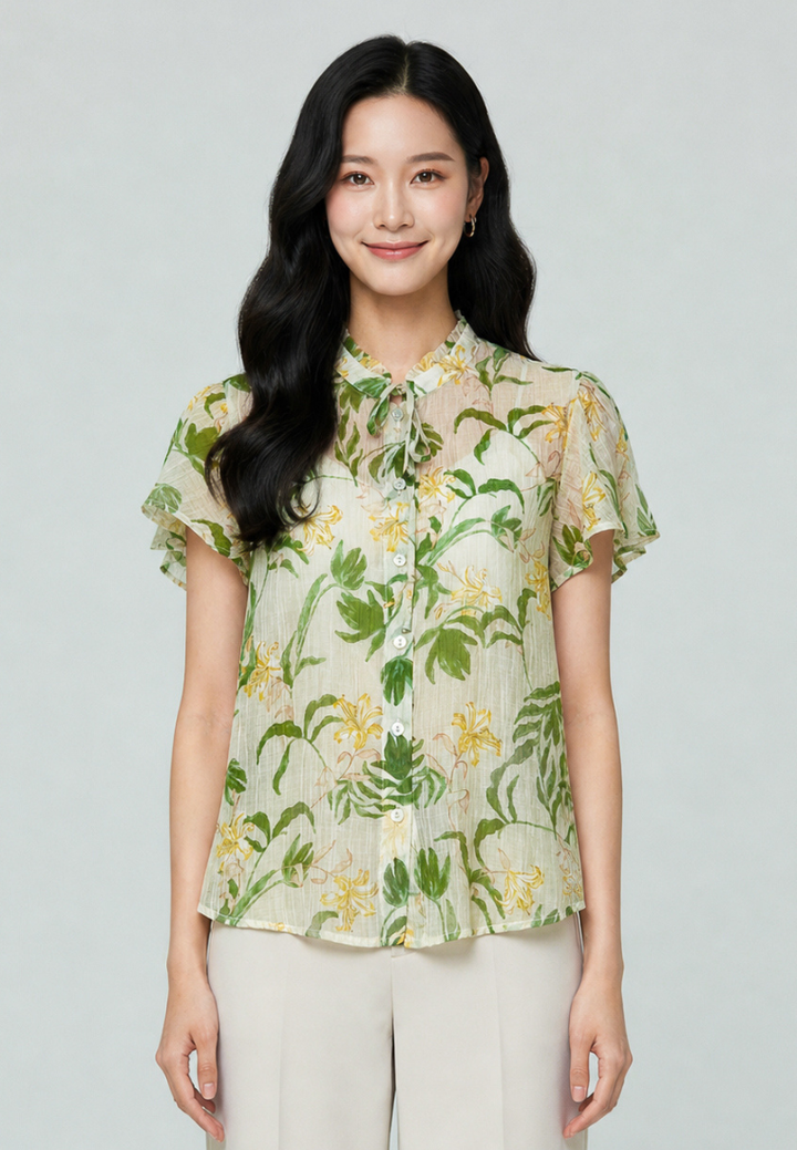 Liana Floral Prints Ruffle Collar With Petal Sleeve Top (Green)