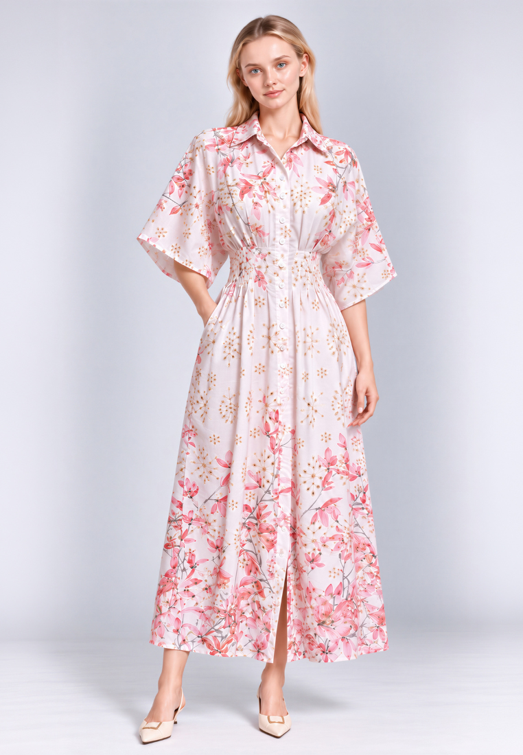 Vanessa Floral Prints Cinched Waist Midi Dress (Pink)