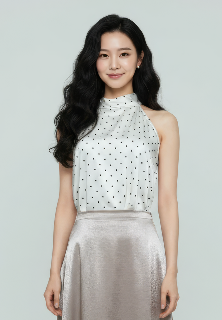 Yumi Satin Polka Dot Halter-Neck With Self Tie Ribbon Top (White)