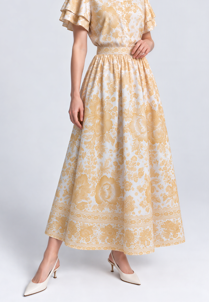 Bethany High Waist Midi Floral Skirt (Yellow)