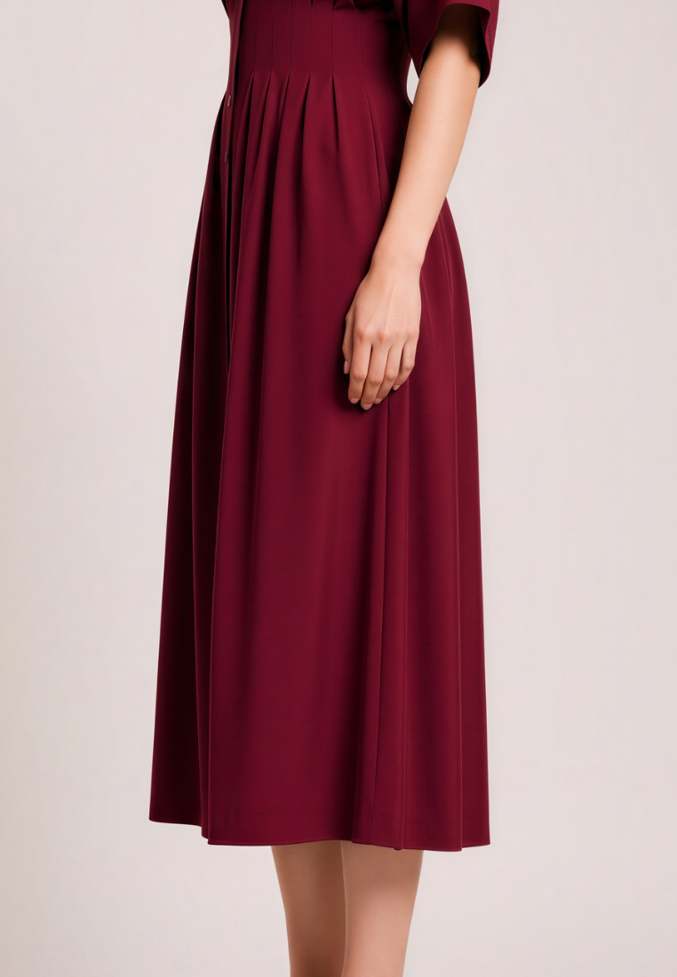 Love Knot Melissa burgundy midi dress, side view showing drape and midi length