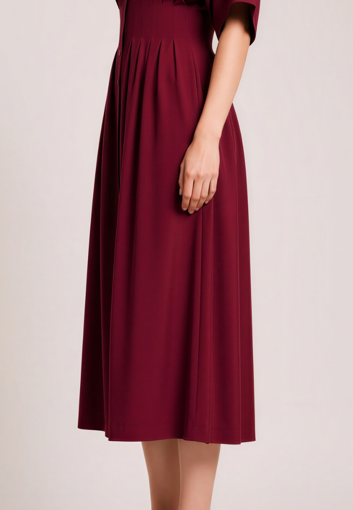 Love Knot Melissa burgundy midi dress, side view showing drape and midi length