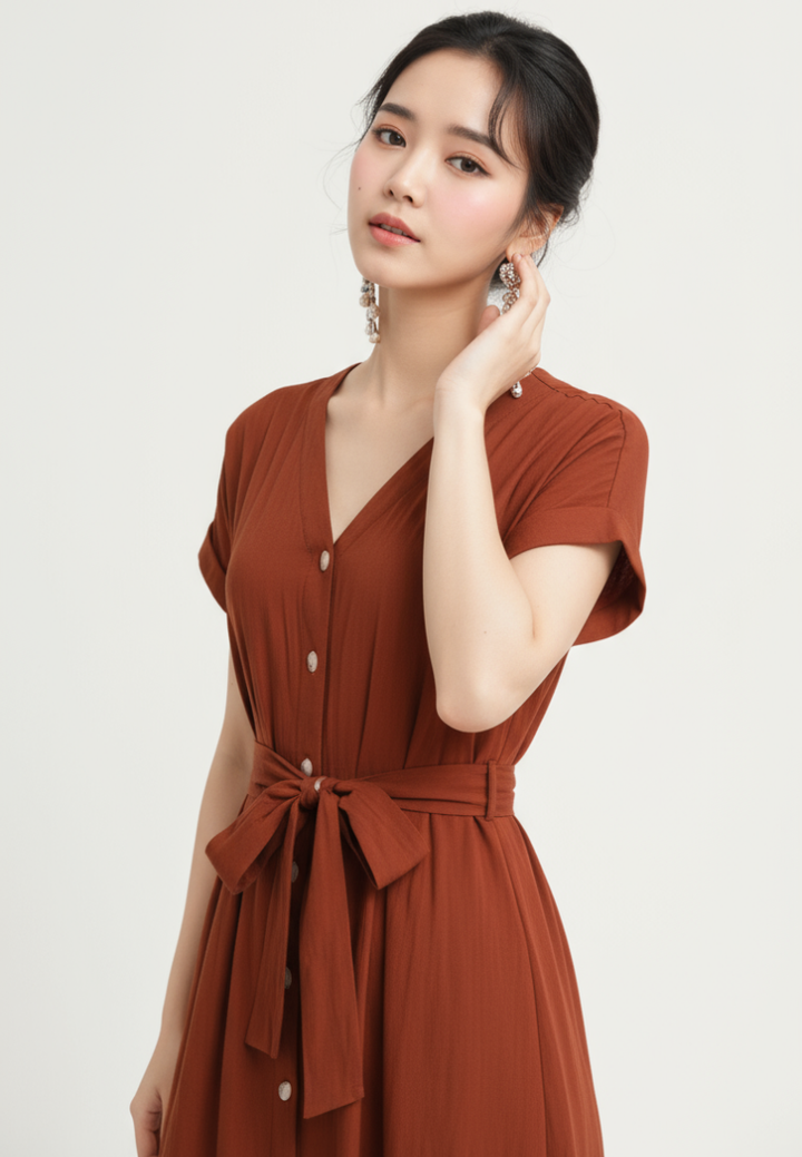 Allara Puff Sleeve Button Down Midi Dress (Brown)