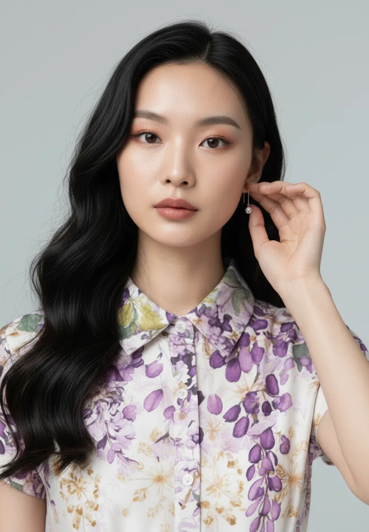 Camellia Cotton Eyelet Floral Prints Button Down A-line Collared Dress (Purple)