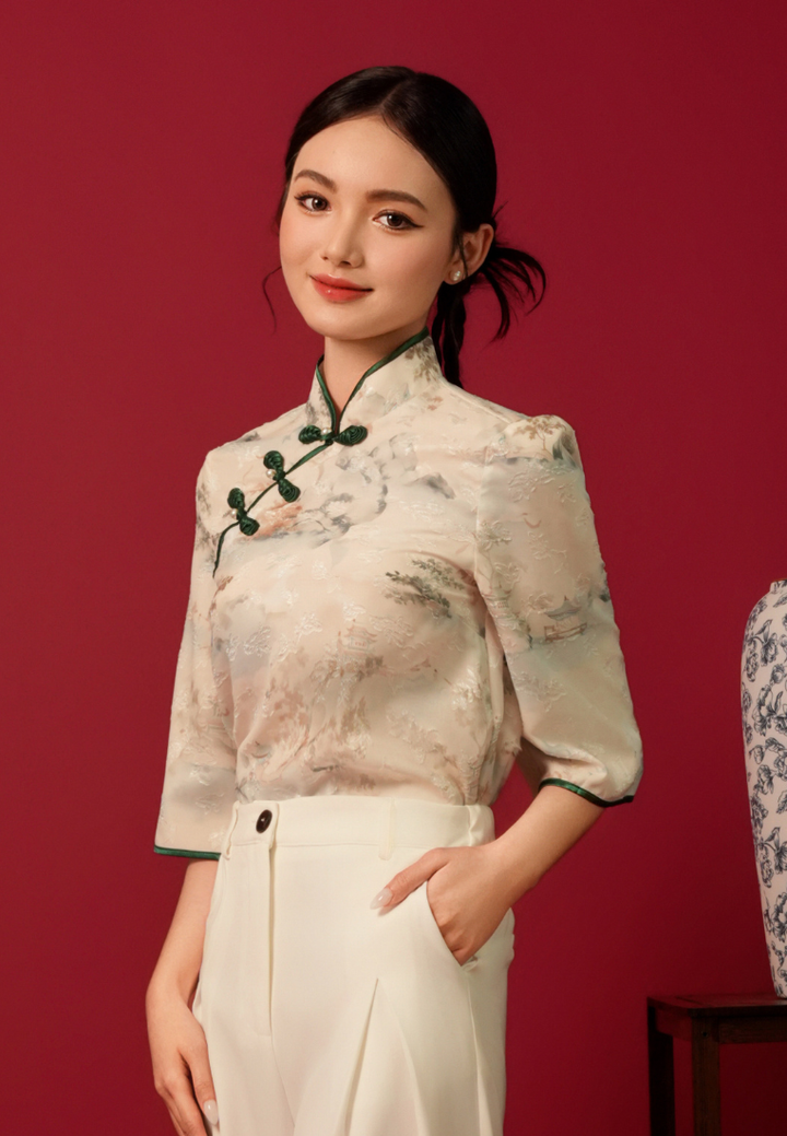 Qing Bai Satin Mandarin Collar Cheongsam Top (Beige)
