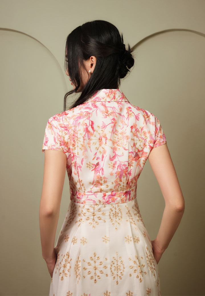 Camellia Cotton Eyelet Floral Prints Button Down A-line Collared Dress (Pink)