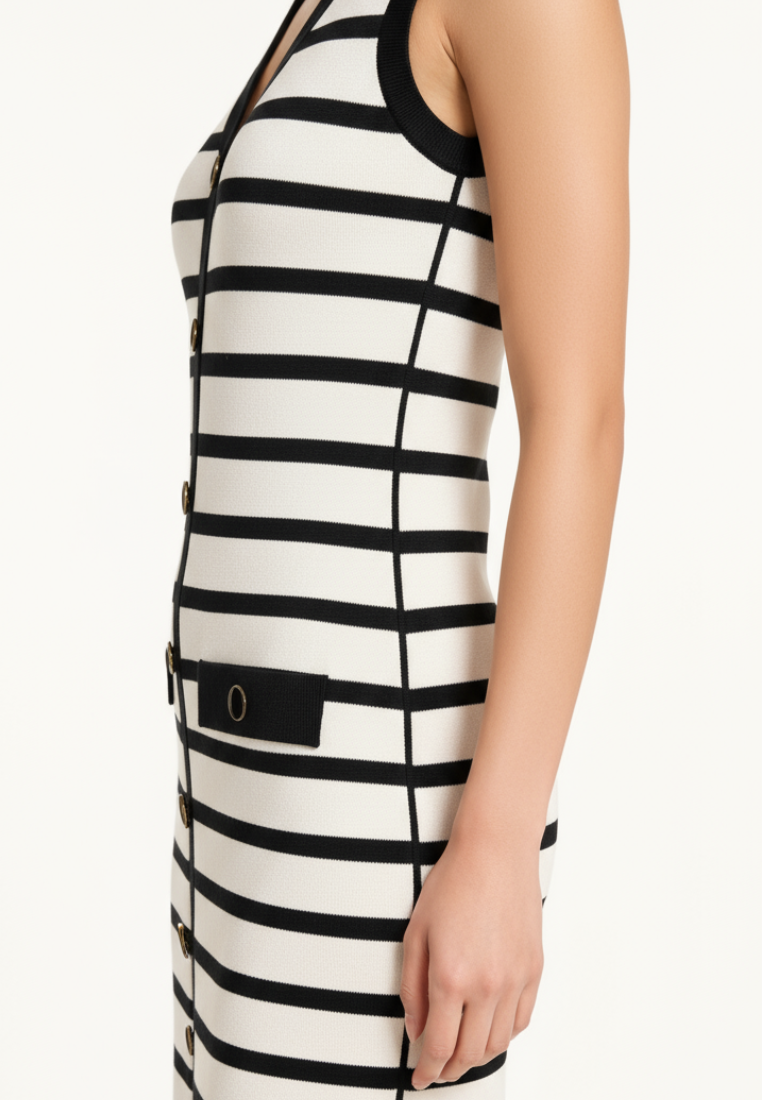 Nolly Knitted Stripe Faux Button Dress (White)