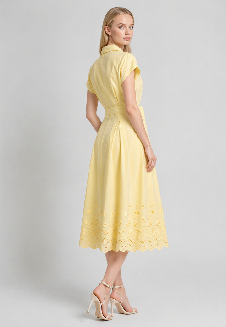 Love Knot Hazel dress, side view showing midi length and skirt fall