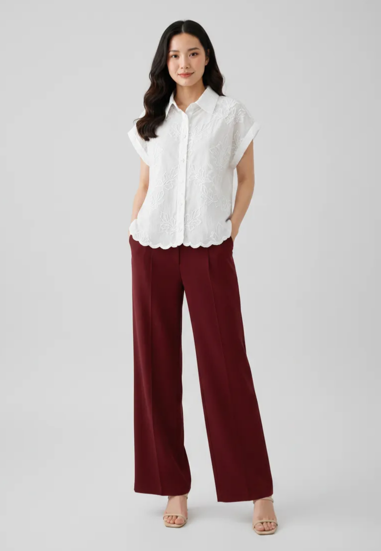 Phoebe Cotton Embroidered Scalloped Hem Button Down Shirt (White)