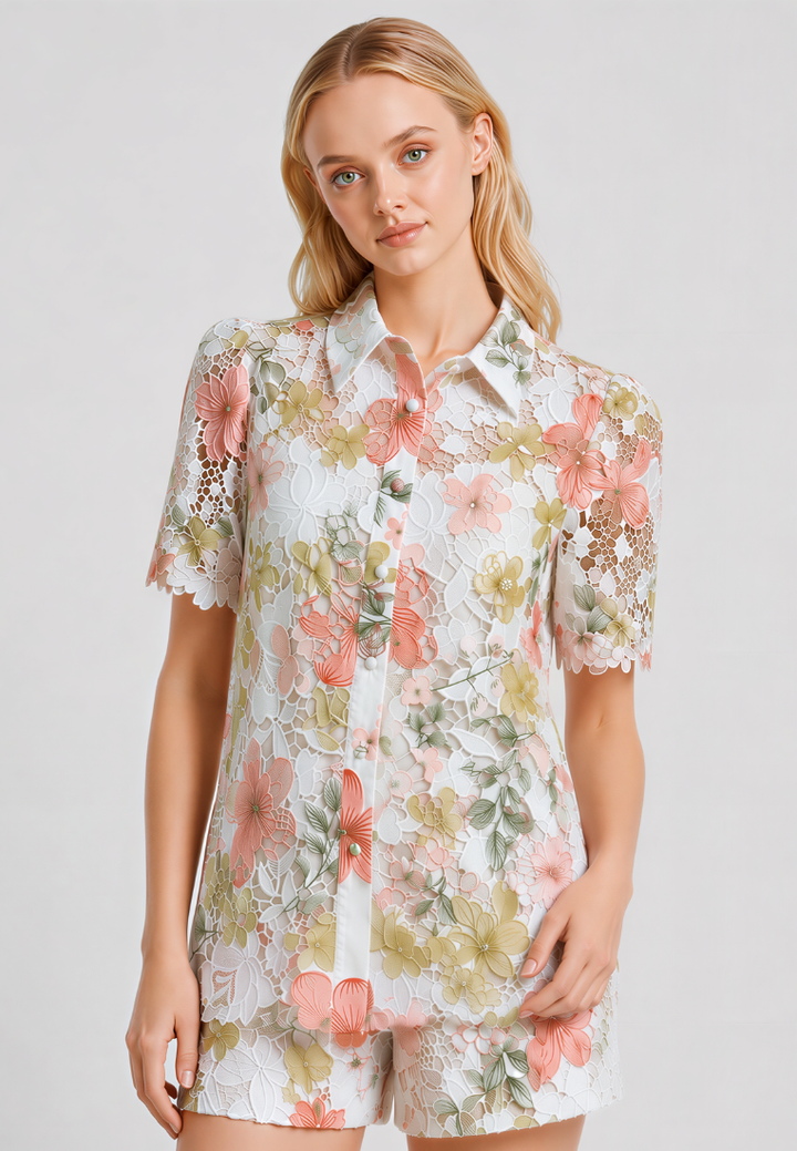 Francesca Floral Lace Button Down Shirt (Pink)