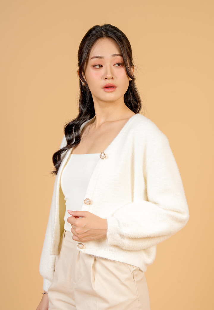 Delora Fuzzy Cardigan With Heart Pearl Buttons (White)