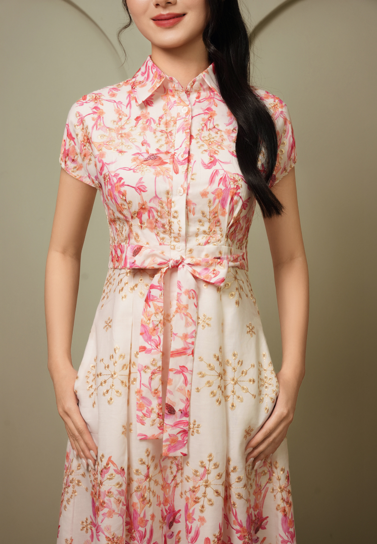 Camellia Cotton Eyelet Floral Prints Button Down A-line Collared Dress (Pink)