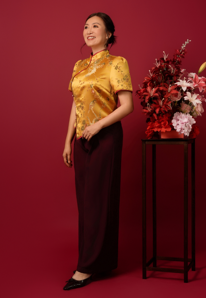 Jin Cai Jacquard Asymmetrical Cheongsam Top (Yellow)