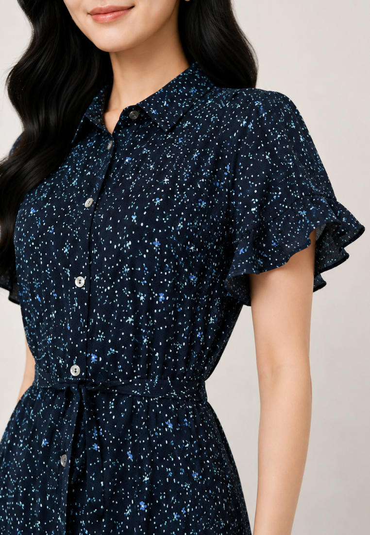 Linnea Floral Ruffle Sleeve With Tie Waist Midi Dress (Navy)