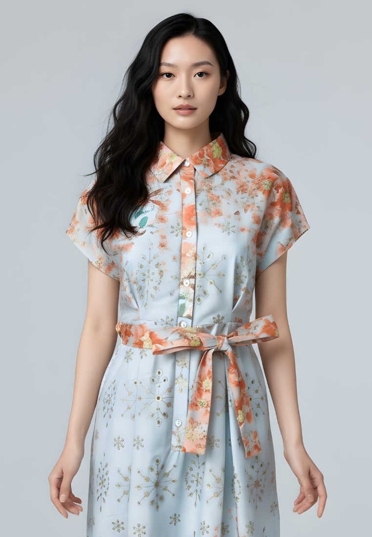 Camellia Cotton Eyelet Floral Prints Button Down A-line Collared Dress (Blue)