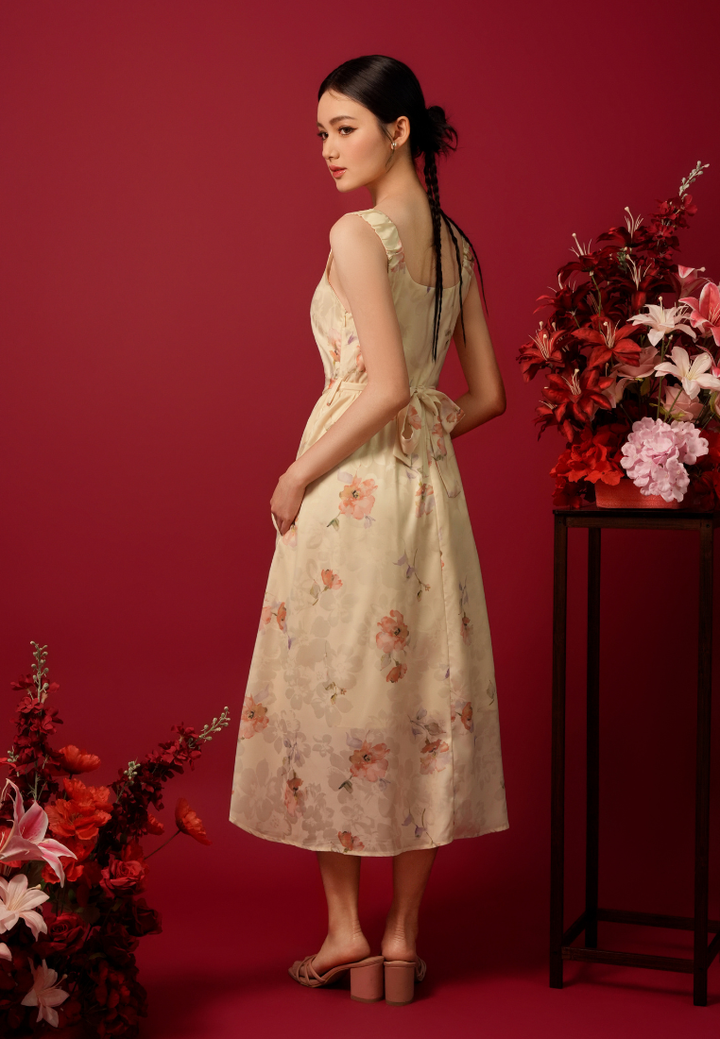 Violetine Straps Floral Midi Dress (Yellow)