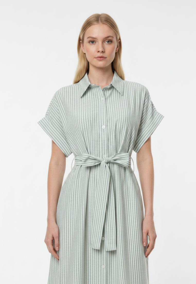 Diana Striped Tie Waist Button Down Midi Dress (Green)