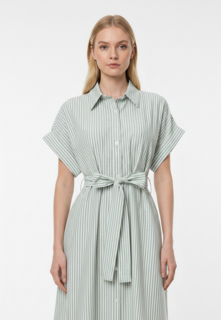 Diana Striped Tie Waist Button Down Midi Dress (Green)