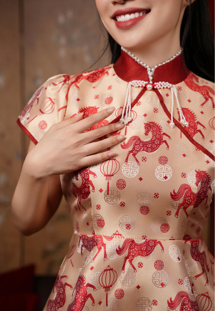 Yao Imperial Horse Jacquard Mandarin Collar Peplum Blouse Top (Red)