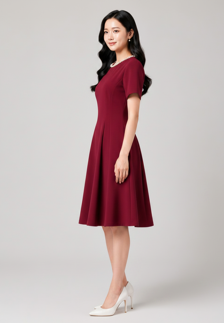Audrey Pearl Beaded Neckline Fit and Flare Dress (Burgundy)