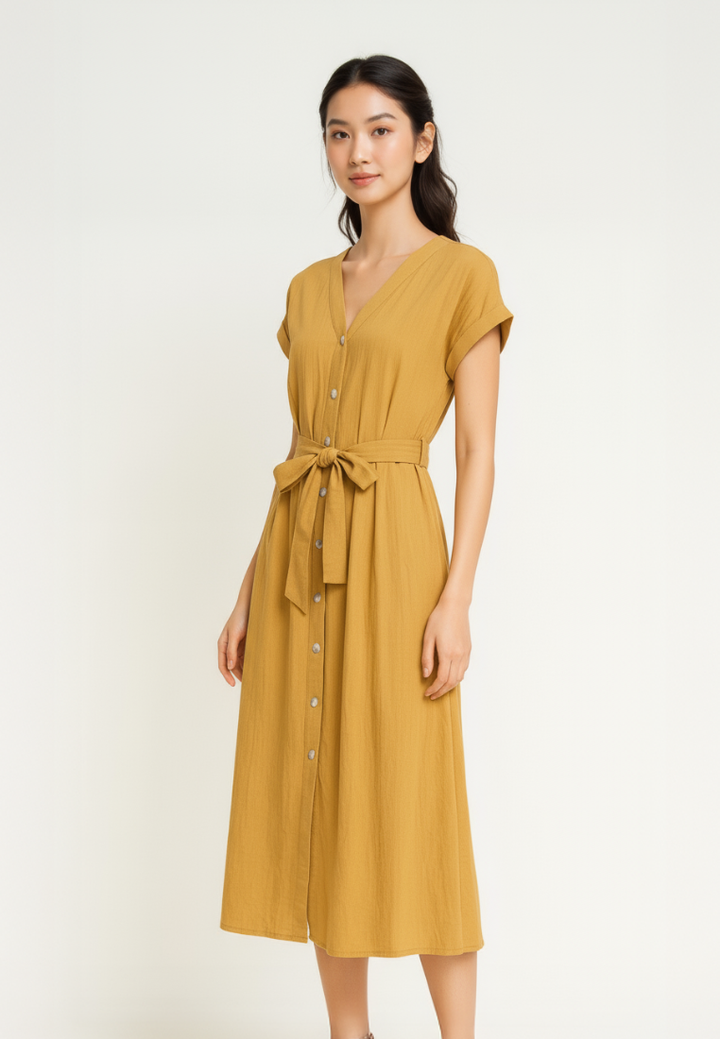 Allara Puff Sleeve Button Down Midi Dress (Yellow)