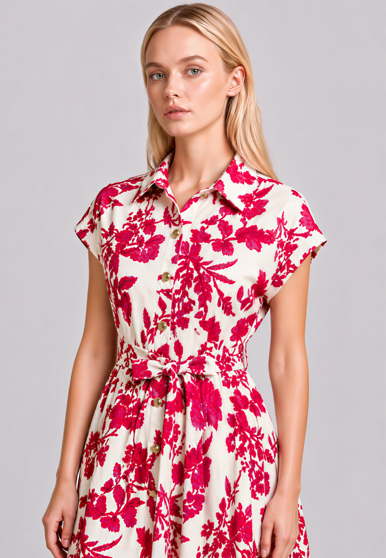Lila Floral Print Collar Button Down Dress (Pink)