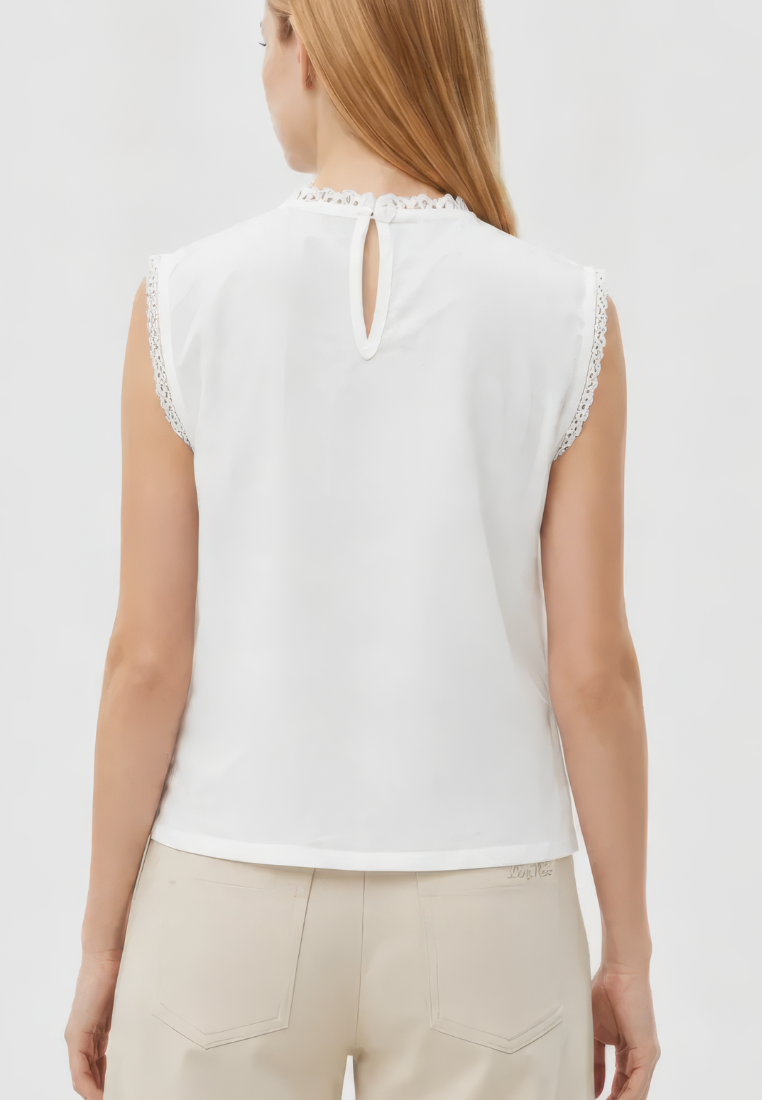 Claire Pintuck Lace Trim Sleeveless Blouse Top (White)