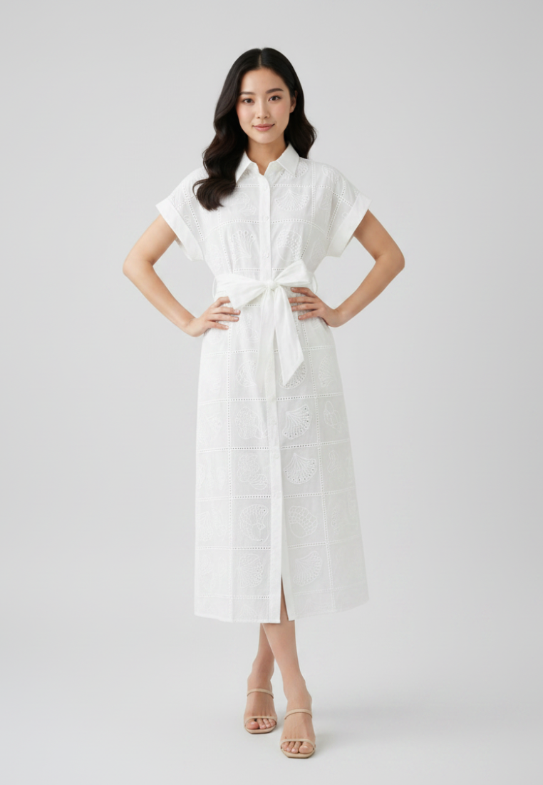 Cora Seashell Cotton Eyelet Tie Waist Midi Dress (White)