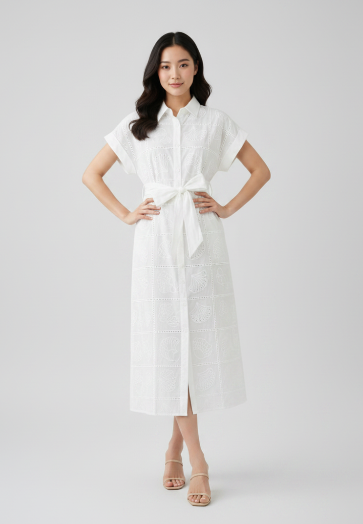 Cora Seashell Cotton Eyelet Tie Waist Midi Dress (White)