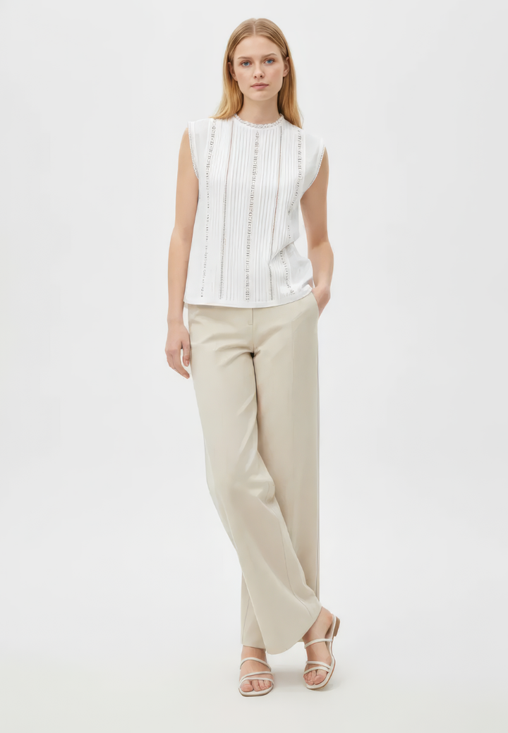 Claire Pintuck Lace Trim Sleeveless Blouse Top (White)