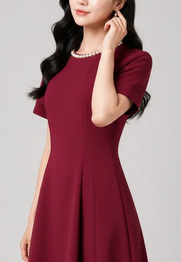 Audrey Pearl Beaded Neckline Fit and Flare Dress (Burgundy)