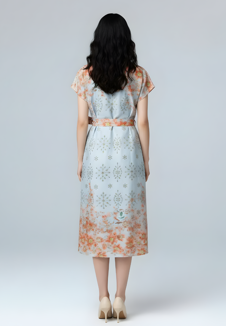 Camellia Cotton Eyelet Floral Prints Button Down A-line Collared Dress (Blue)