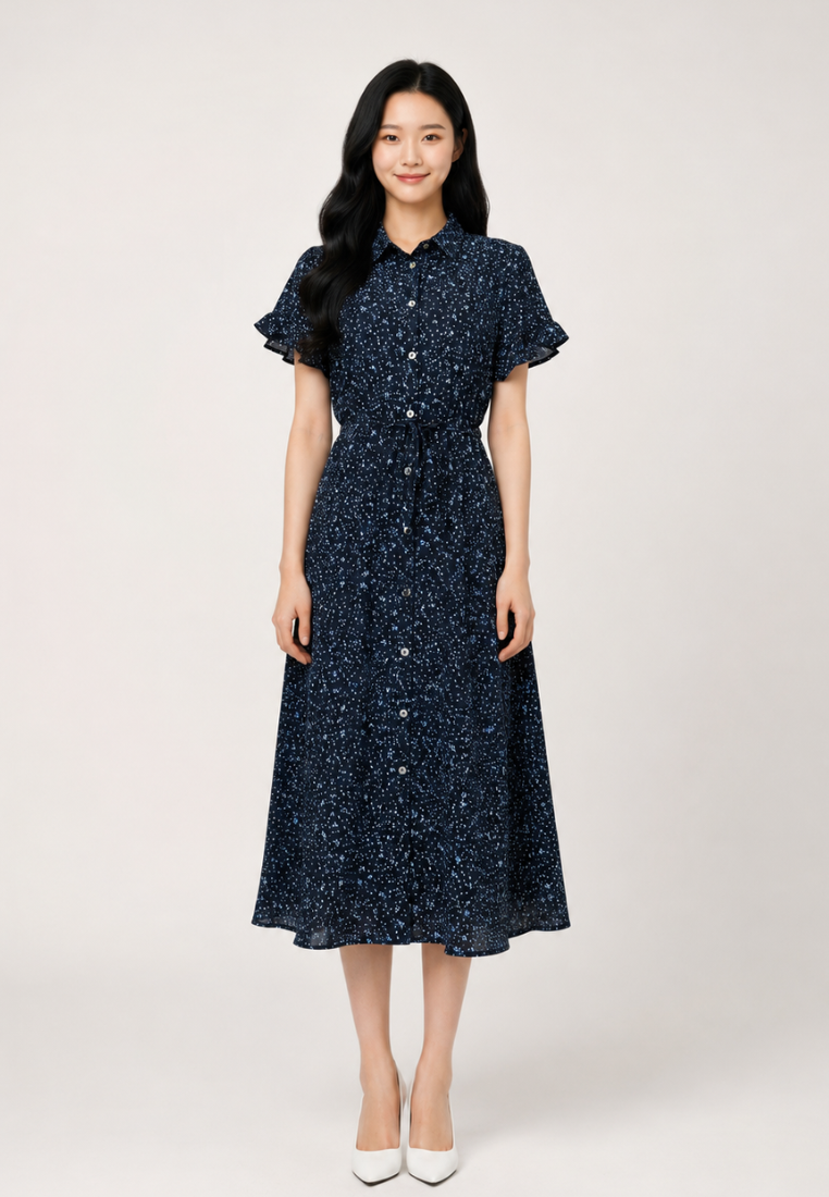 Linnea Floral Ruffle Sleeve With Tie Waist Midi Dress (Navy)