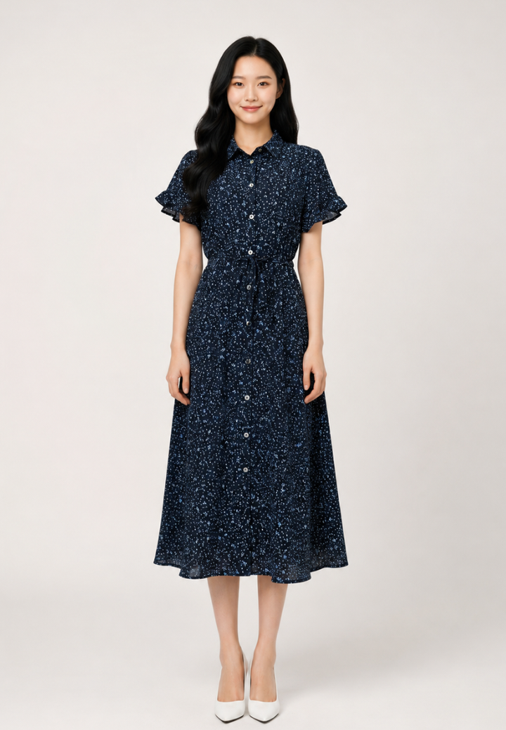 Linnea Floral Ruffle Sleeve With Tie Waist Midi Dress (Navy)