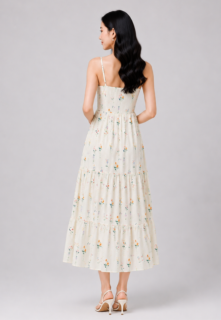 Cassia Floral Print Tiered Sleeveless Dress (Beige)
