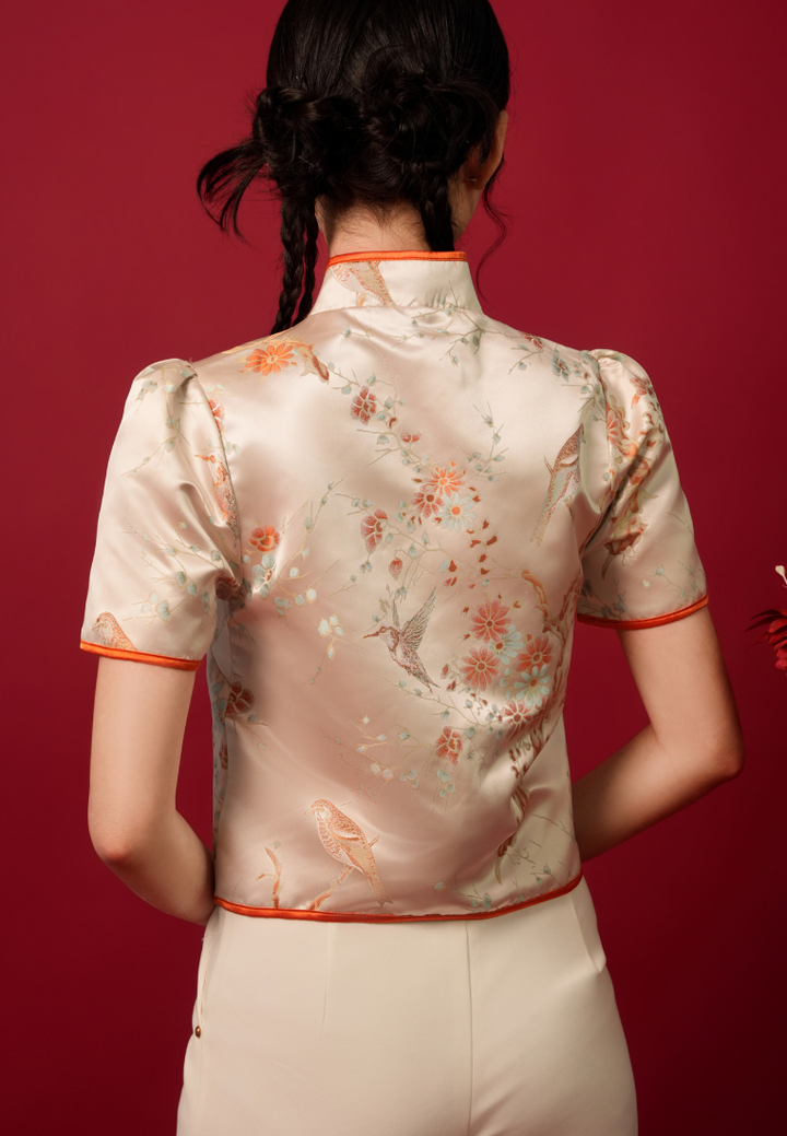 Jin Cai Jacquard Asymmetrical Cheongsam Top (Pink)