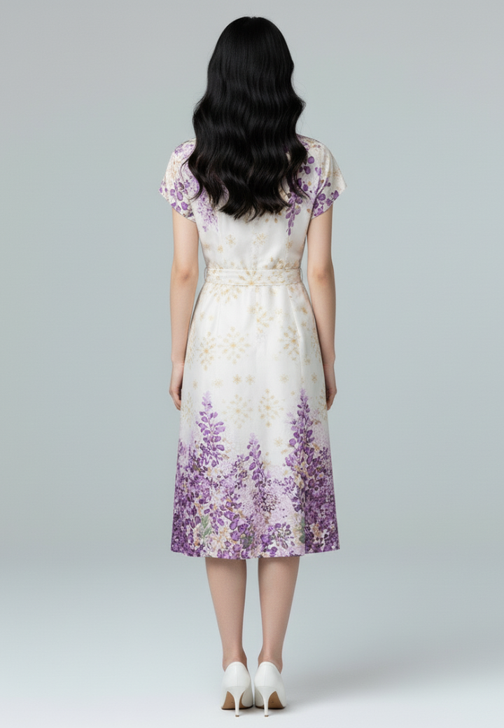 Camellia Cotton Eyelet Floral Prints Button Down A-line Collared Dress (Purple)