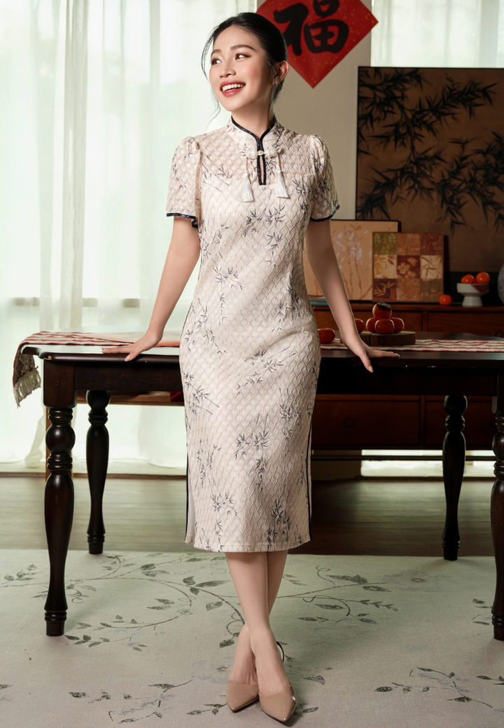 Xi Bamboo Lace Piping A-line Cheongsam Dress (White)