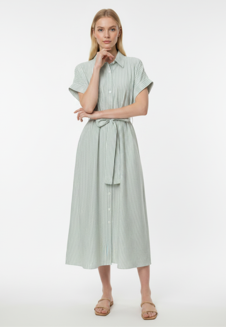 Diana Striped Tie Waist Button Down Midi Dress (Green)