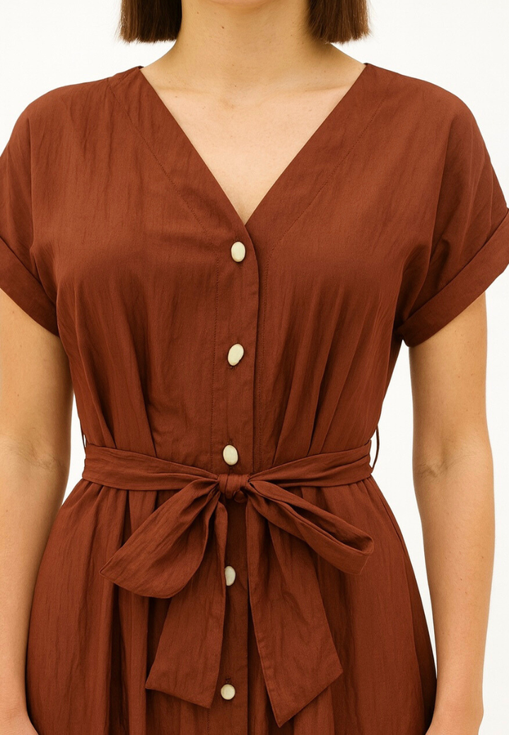 Allara Puff Sleeve Button Down Midi Dress (Brown)