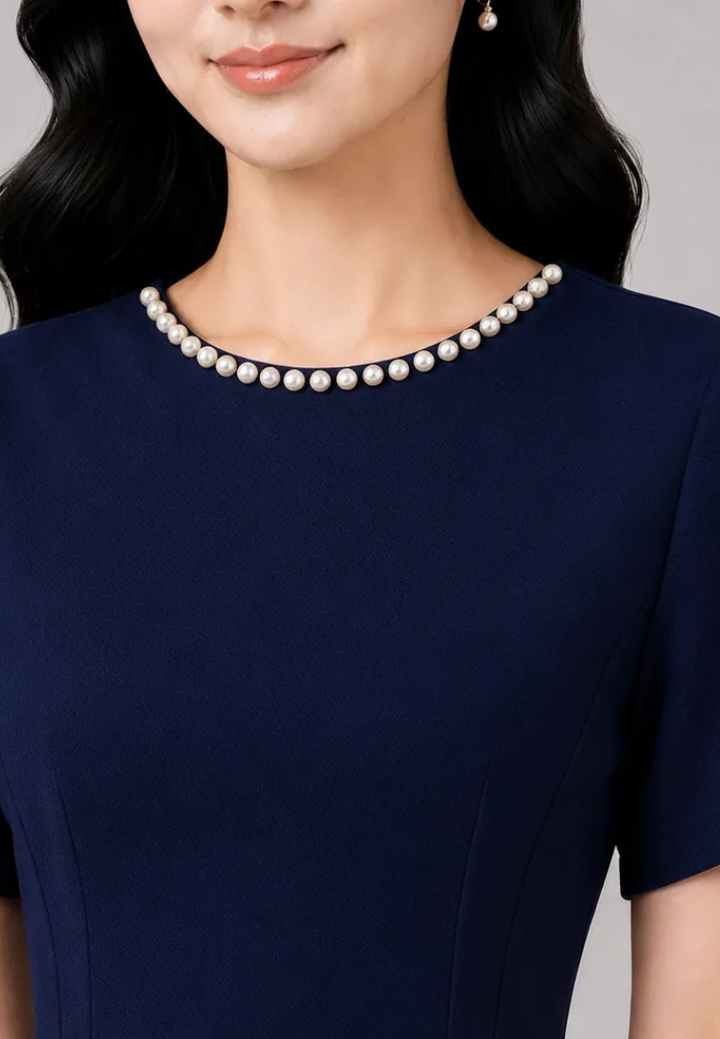 Audrey Pearl Beaded Neckline Fit and Flare Dress (Navy)