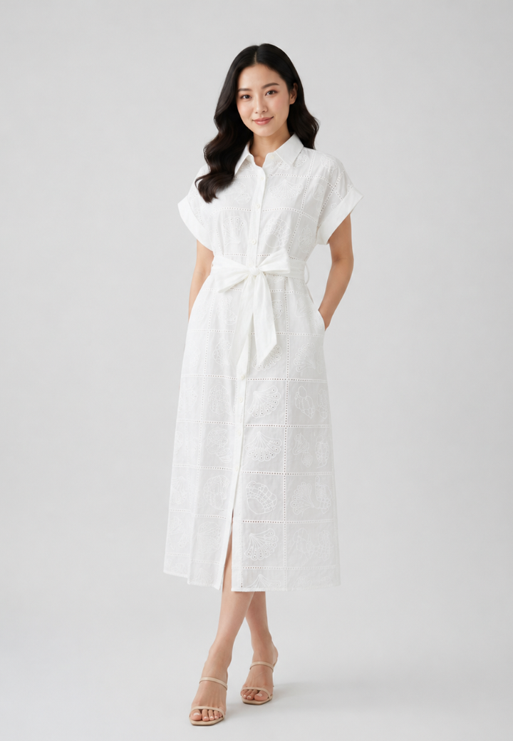 Cora Seashell Cotton Eyelet Tie Waist Midi Dress (White)