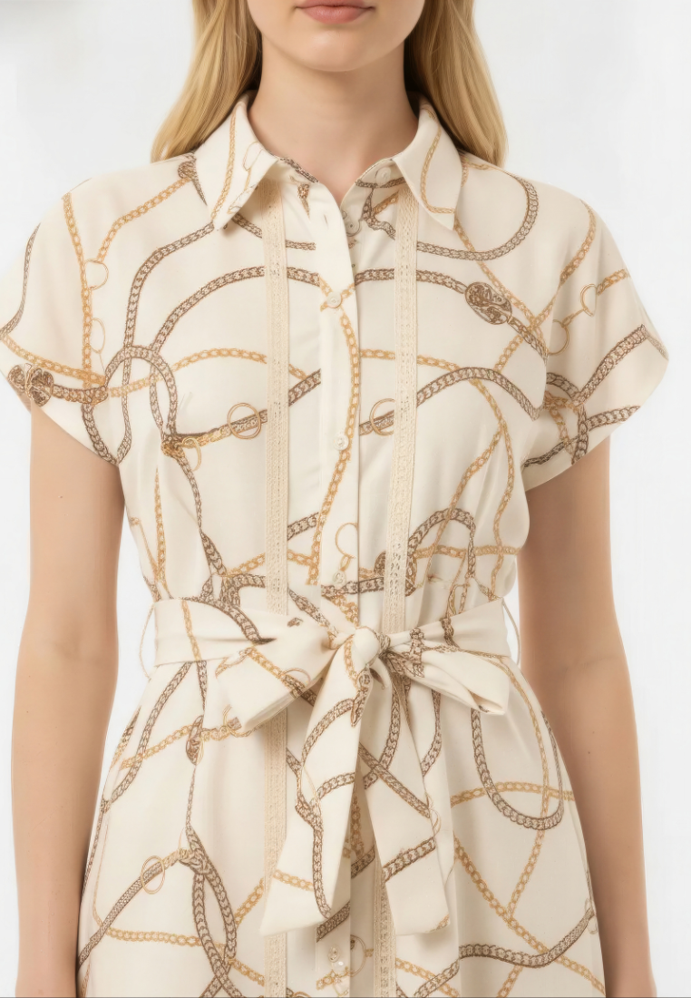 Evelyne Bridle Print Tie Waist Button Down Midi Dress (Beige)