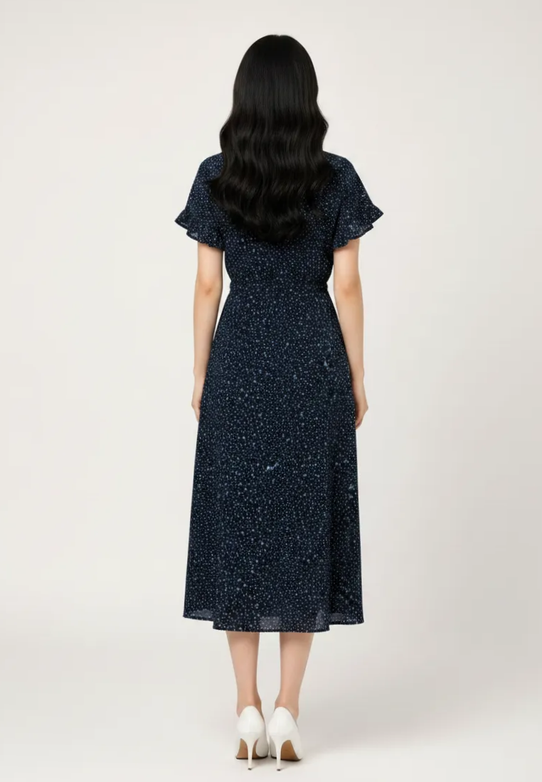Linnea Floral Ruffle Sleeve With Tie Waist Midi Dress (Navy)
