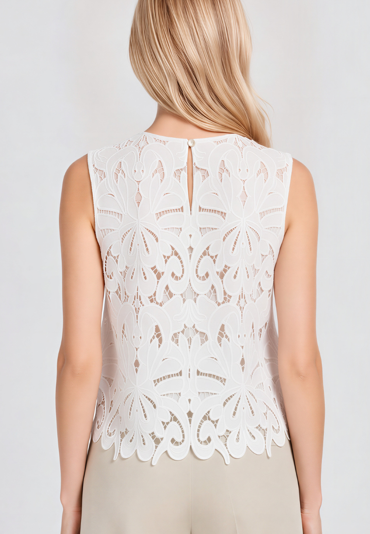 Belle Cotton Lace Sleeveless Scallop Hem Top (White)