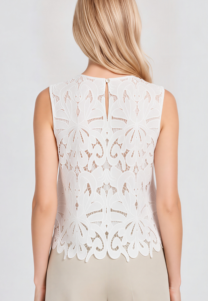 Belle Cotton Lace Sleeveless Scallop Hem Top (White)