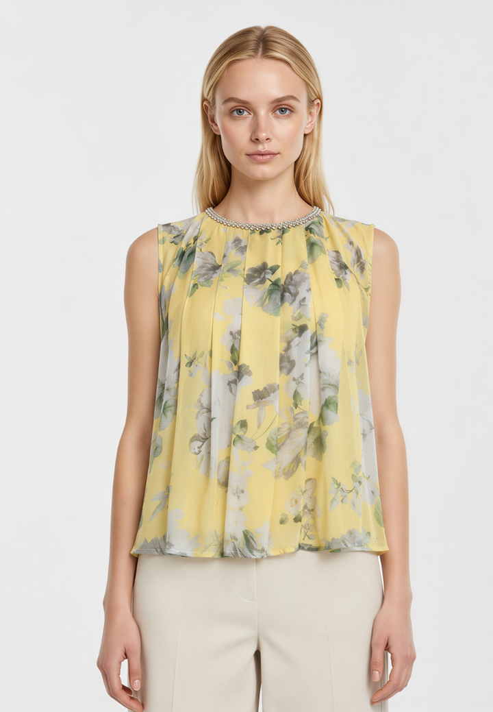 Sofia Beaded Neckline Pleated Floral Top (Yellow)