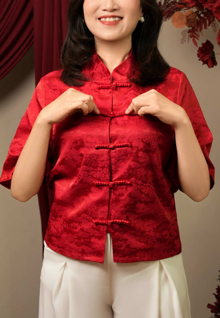 Ji Hong Short Sleeves Mandarin Collar Cheongsam Top (Red)