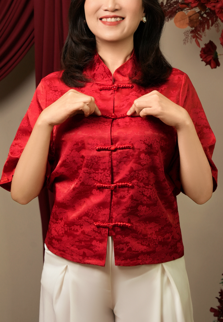 Ji Hong Short Sleeves Mandarin Collar Cheongsam Top (Red)